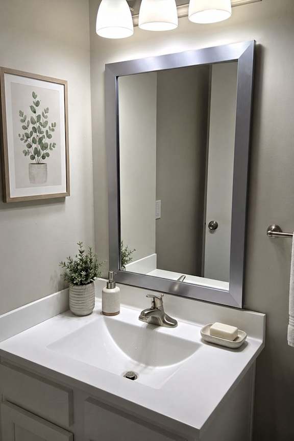 A bathroom with a white sink and a mirror above it.