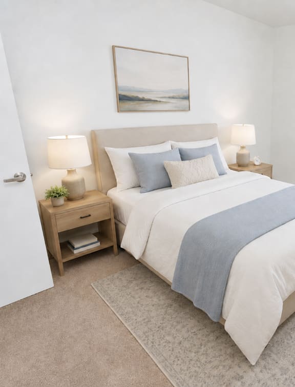 A bedroom with a bed, nightstand, and a painting on the wall.