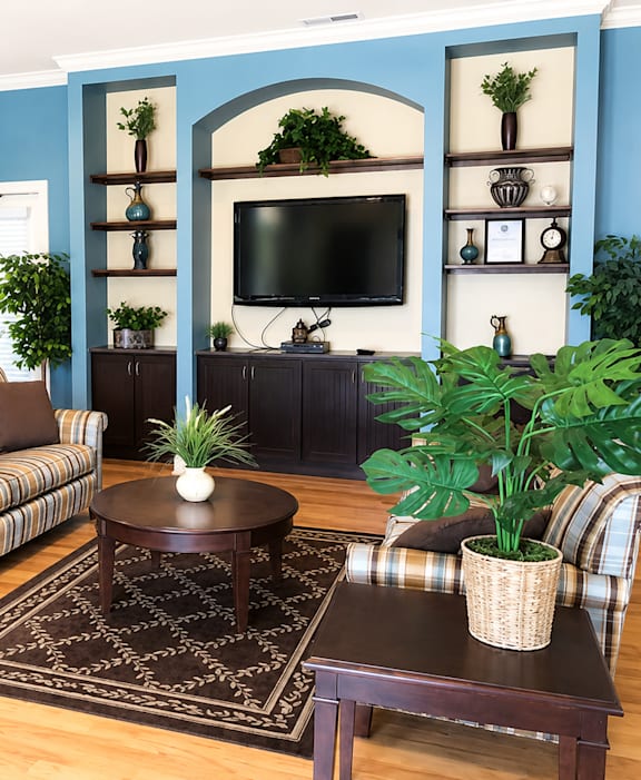A living room with a striped couch, a coffee table, and a television.