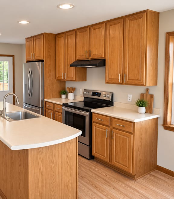 A kitchen with wooden cabinets and a white island.