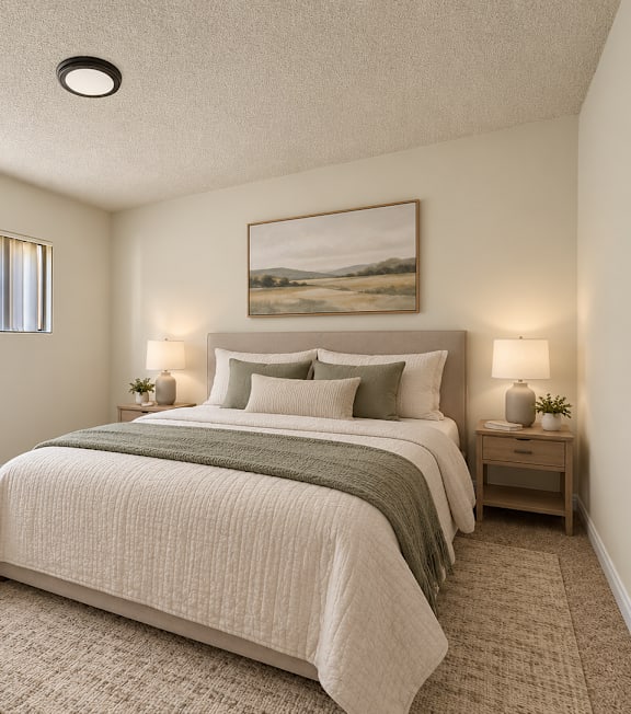 A well-lit bedroom with a large bed and a painting on the wall.