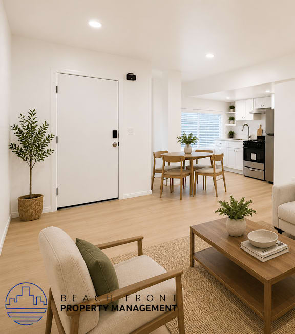 A well-lit, modern kitchen and living room with a dining area.