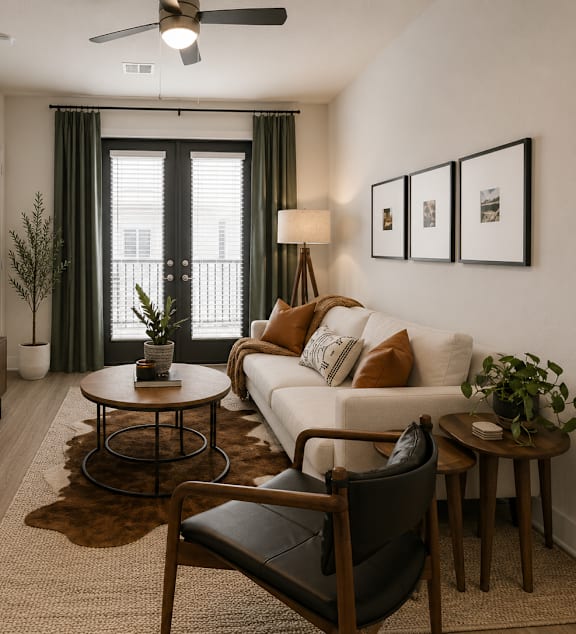Spacious living room with abundant natural light, modern finishes, and open-concept design at The Mill Old Town Apartments.