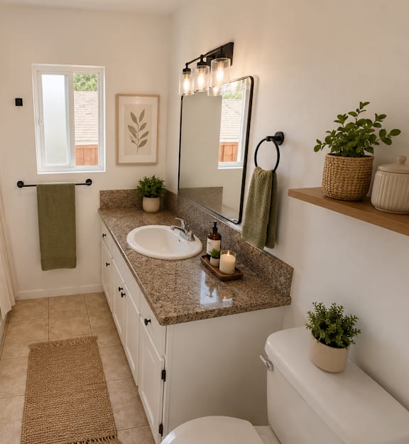 A bathroom with a towel hanging on the shower rod.