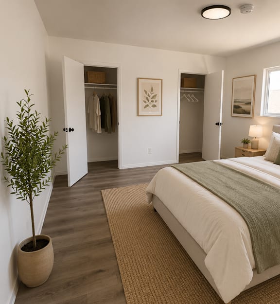A bedroom with a bed, a potted plant, and a window.