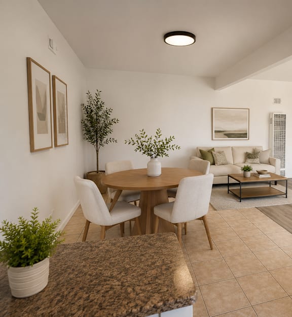 A dining room with a round table and chairs.