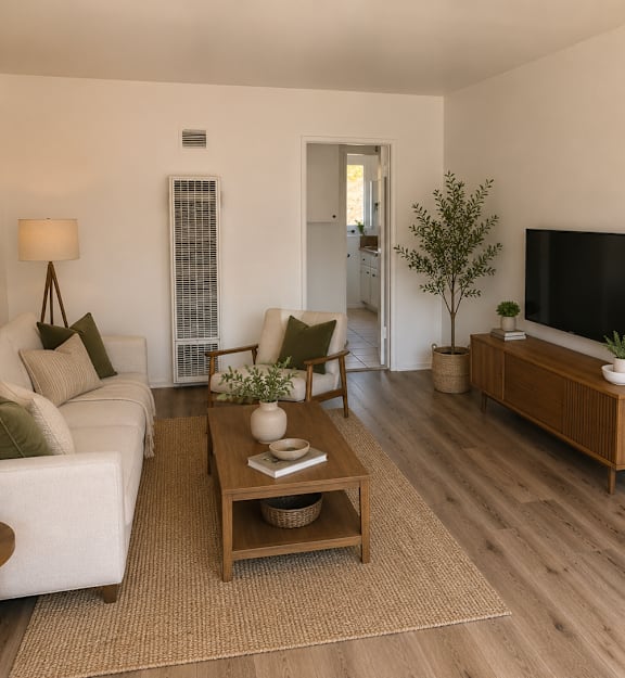A living room with a white couch, a wooden coffee table, and a flat-screen TV.