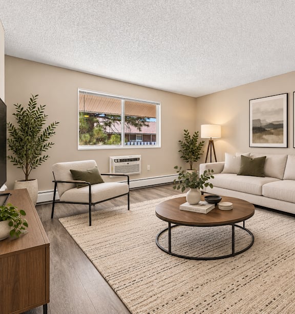 A living room with a white couch, a coffee table, and a large window.