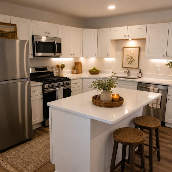 A modern kitchen with white cabinets and stainless steel appliances.