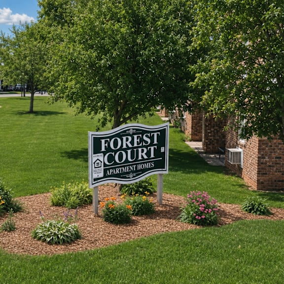 A row of houses with green lawns in front.