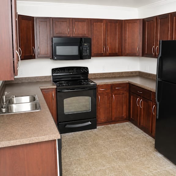 A kitchen with black appliances and wooden cabinets.