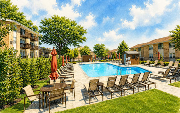 A pool surrounded by chairs and umbrellas.