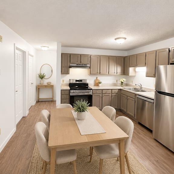 A modern kitchen with a wooden dining table and chairs.