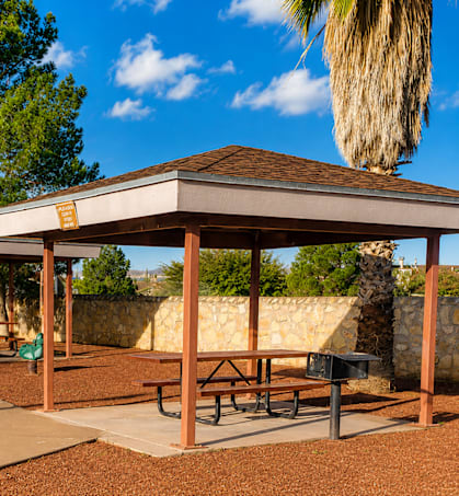 A picnic area with a shelter and benches.