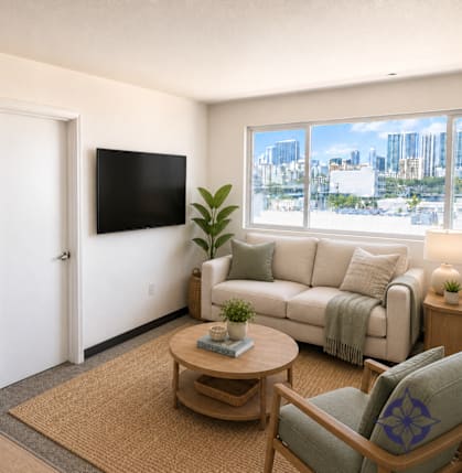 A living room with a couch, chair, and television.