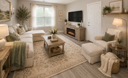 A cozy living room with a fireplace and a large painting on the wall.