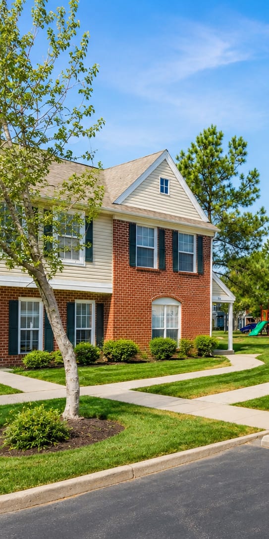 A row of houses with a tree in front of the first one.