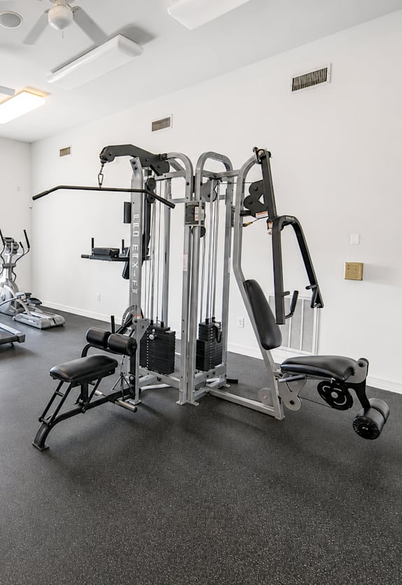 A spacious gym with a variety of equipment including treadmills, elliptical machines, and weight machines.