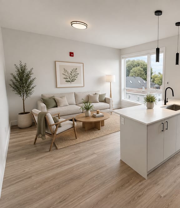 A modern kitchen with a glass table and black chairs.