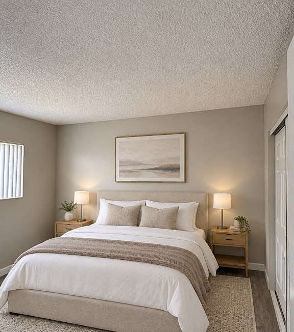 A well-lit bedroom with a large bed and a painting on the wall.