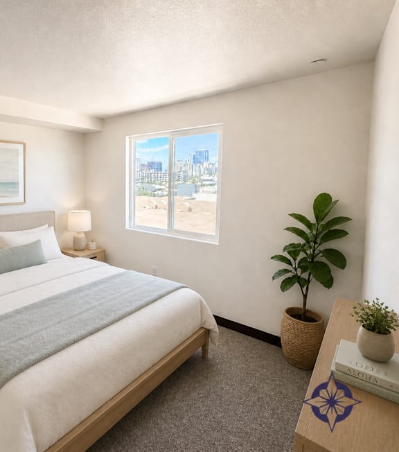 A bedroom with a large bed, a nightstand with a lamp, a plant, and a framed picture on the wall.