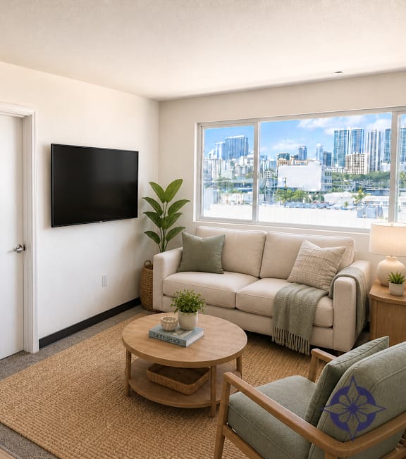 A living room with a couch, chair, and television.