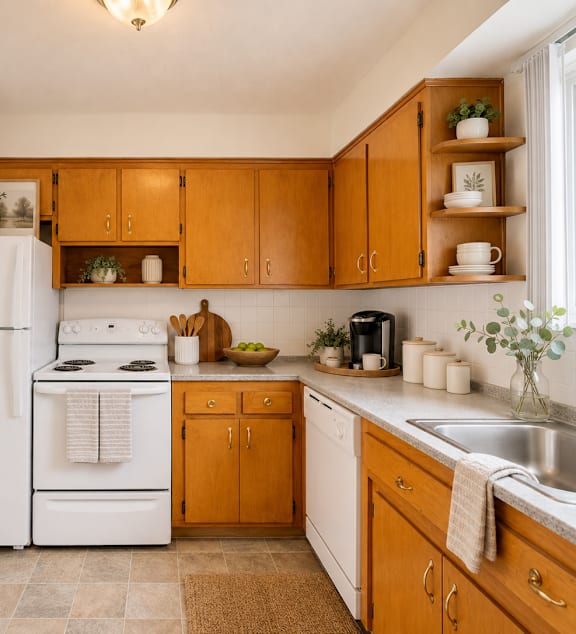 A kitchen with wooden cabinets and a white refrigerator.