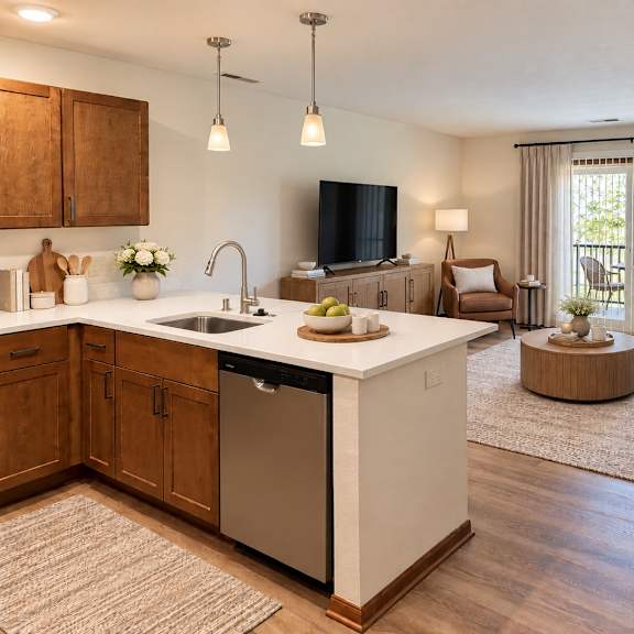 A modern kitchen with wooden cabinets and a large island.