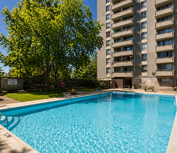 A blue swimming pool in front of a tall building.