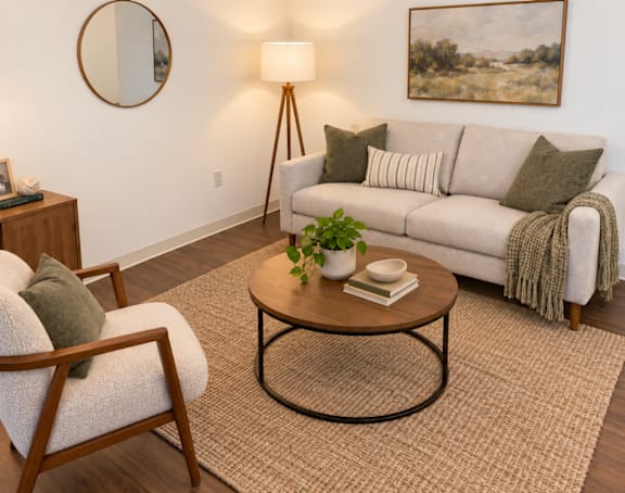 A living room with a couch, chair, and a painting on the wall.