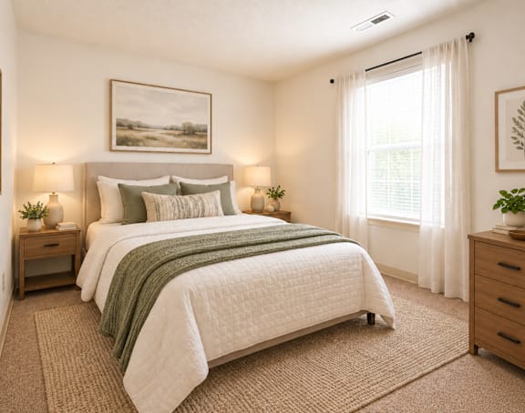 A bedroom with a large bed and two nightstands.