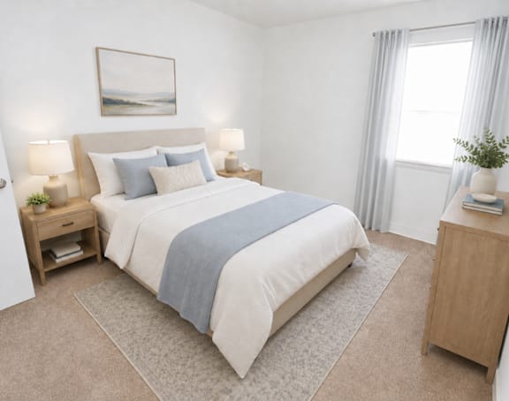 A bedroom with a bed, nightstand, and a painting on the wall.