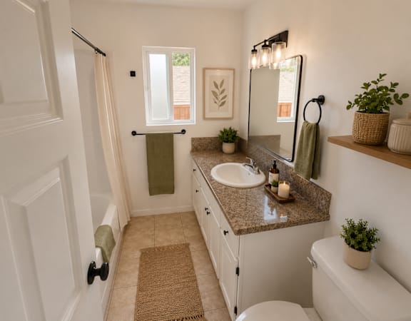 A bathroom with a towel hanging on the shower rod.