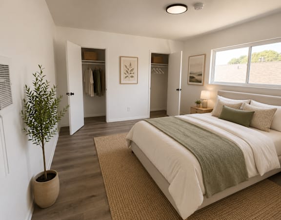 A bedroom with a bed, a potted plant, and a window.