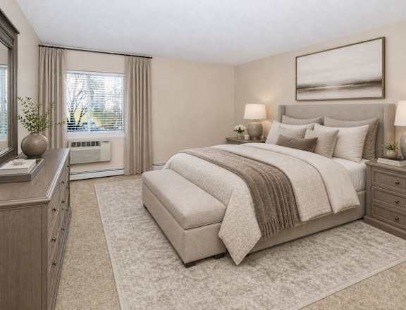 A bedroom with a large bed, a dresser, and a window with curtains.