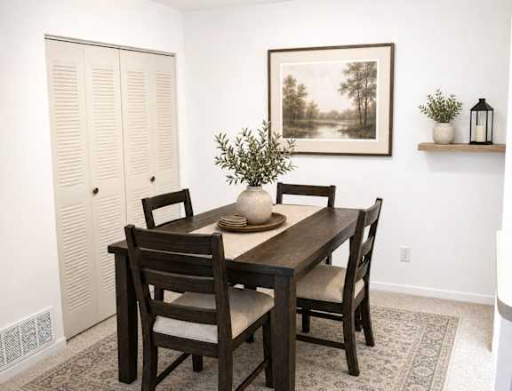 A dining room with a wooden table and chairs.