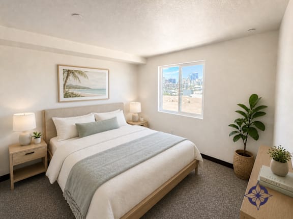 A bedroom with a large bed, a nightstand with a lamp, a plant, and a framed picture on the wall.