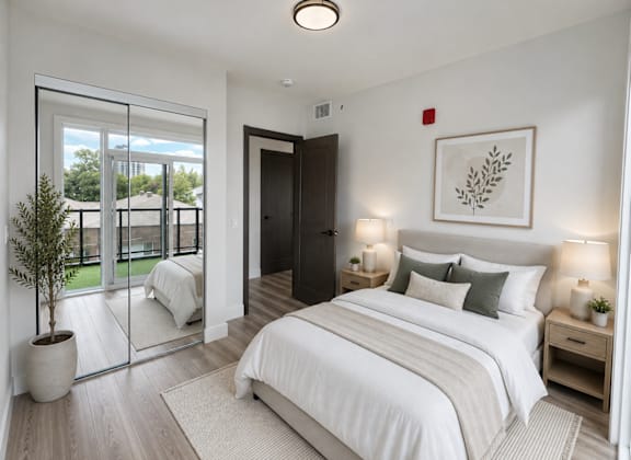A bedroom with a large bed, a potted plant, and a framed picture on the wall.