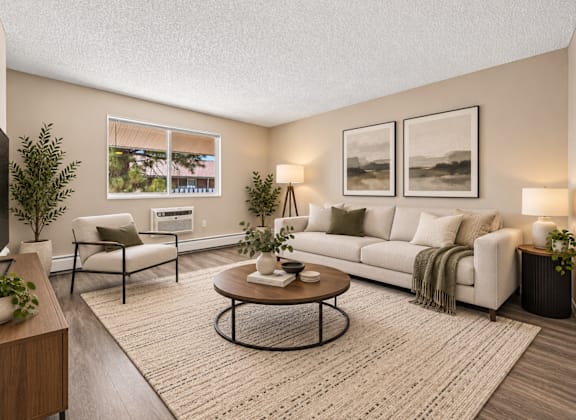 A living room with a white couch, a coffee table, and a large window.