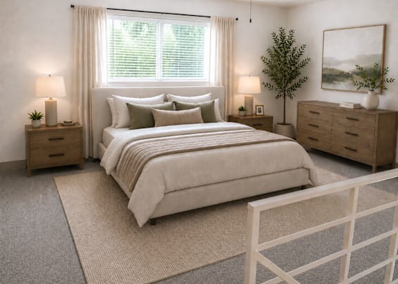 A bedroom with a large bed, nightstands, and a rug.