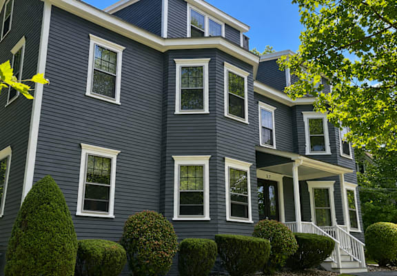 A row of houses with white windows and trim.