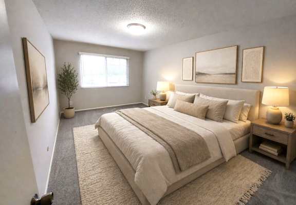A bedroom with a large bed and a small tree in a pot.