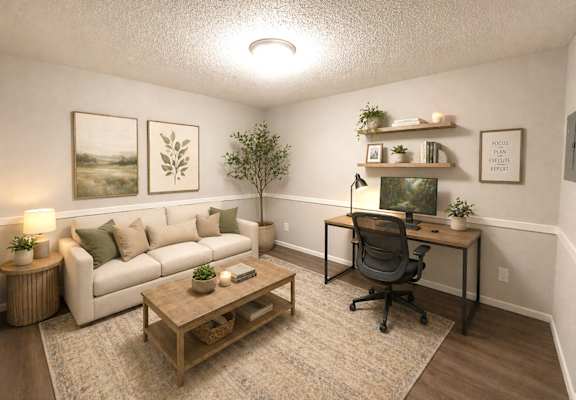 A cozy living room with a couch, coffee table, and a desk with a chair.