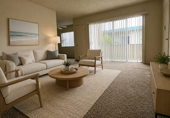 A living room with a couch, chair, and a painting on the wall.