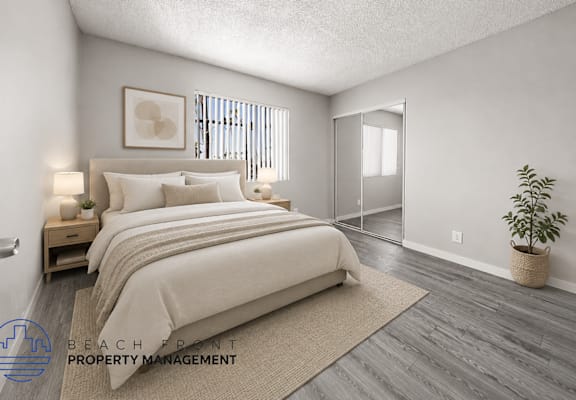 A bedroom with a large bed and a plant in a woven basket.