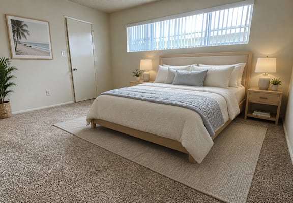 A bedroom with a large bed and a window with blinds.