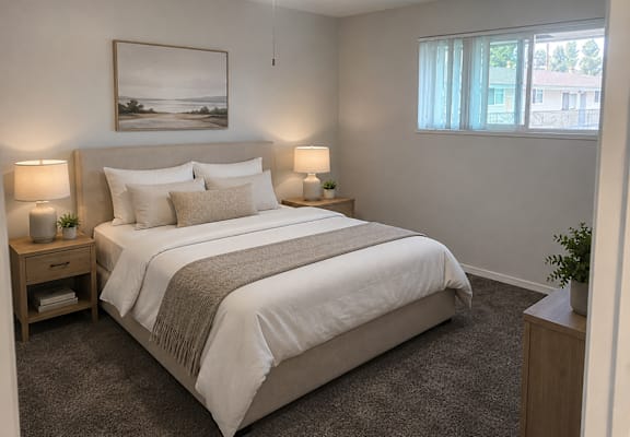 A bedroom with a large bed and a painting on the wall.