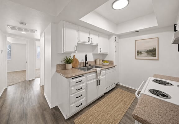 A kitchen with white cabinets and a brown rug.