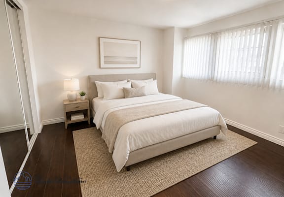 A bedroom with a large bed and a nightstand with a lamp.