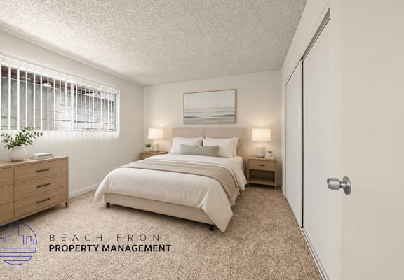 A bedroom with two beds, a nightstand, and a dresser with a plant on top.